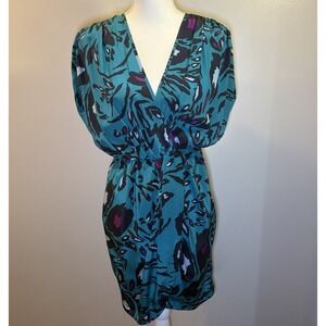 Akiko Faux‎ Wrap 100% Silk Dress Black Green Purple Abstract Print V-Neck S USA